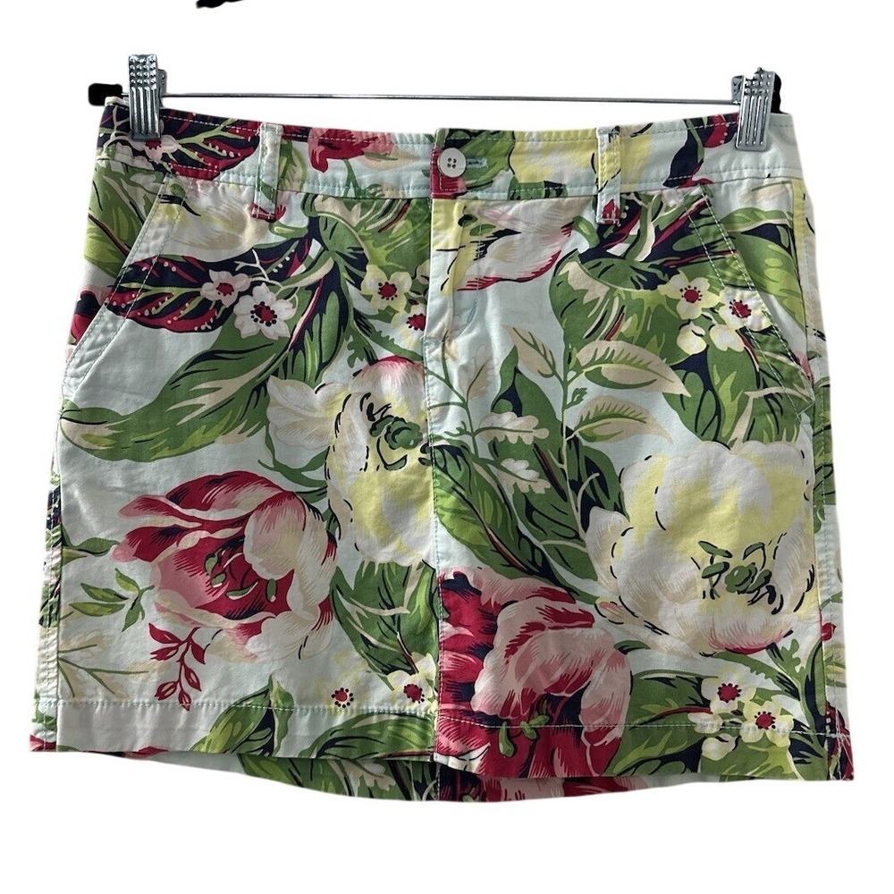 G.H. Bass Floral Cotton Mini Skirt 2 Green Pink Botanical Tropical Preppy Summer